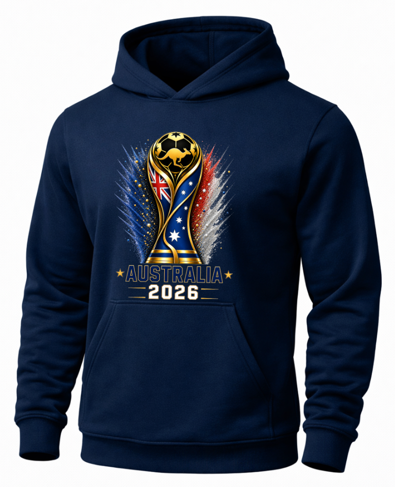 Navy blue hoodie with a soccer-themed design featuring Australia and the year 2026 on a white background.