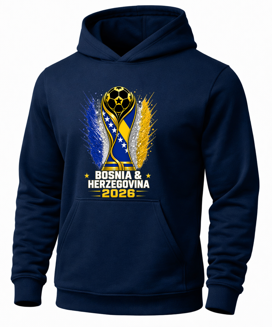 Navy blue hoodie with Bosnia and Herzegovina 2026 design on a white background