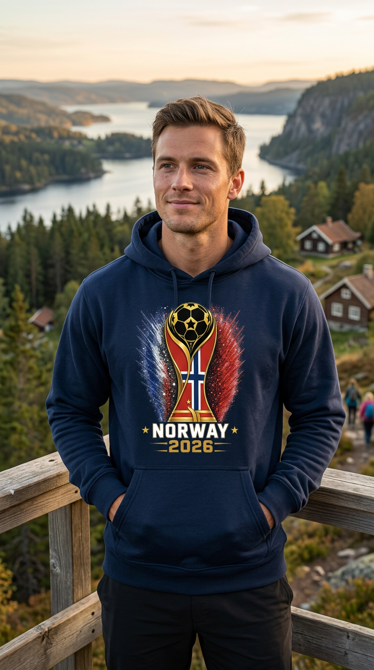 Man wearing a hoodie with Norway 2026 design in a scenic outdoor setting