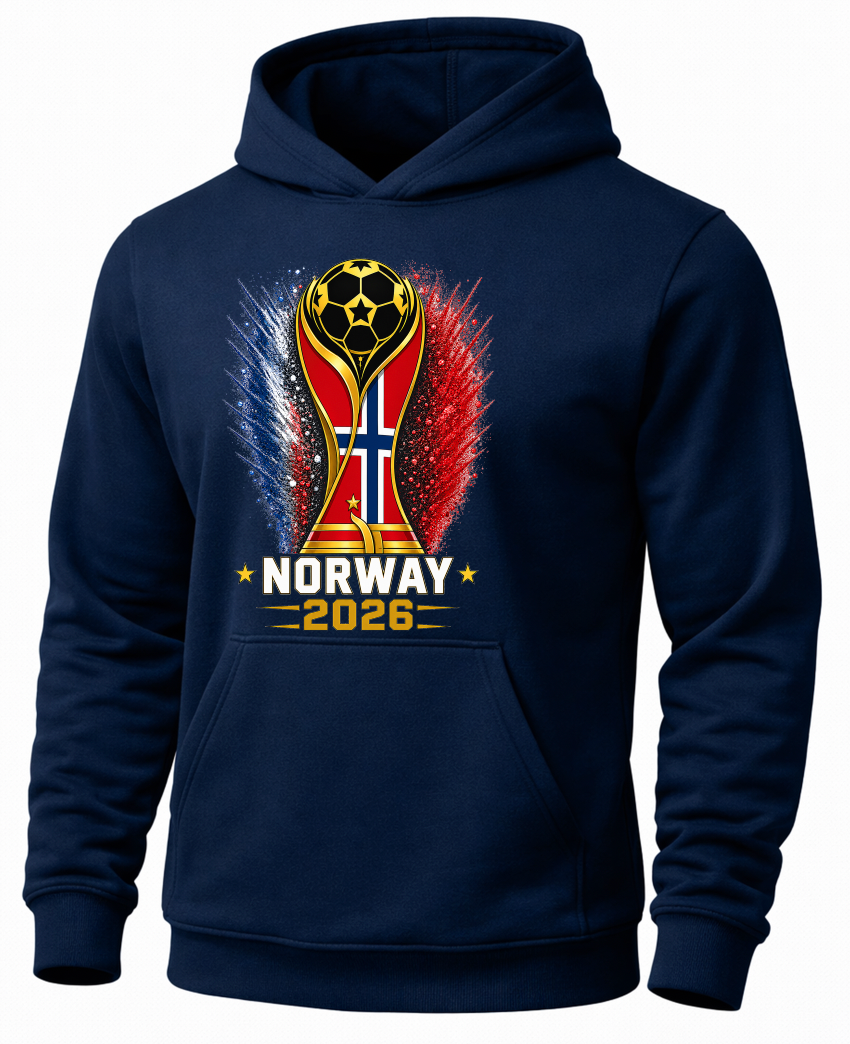 Navy blue hoodie with a soccer trophy design and 'Norway 2026' text on a white background
