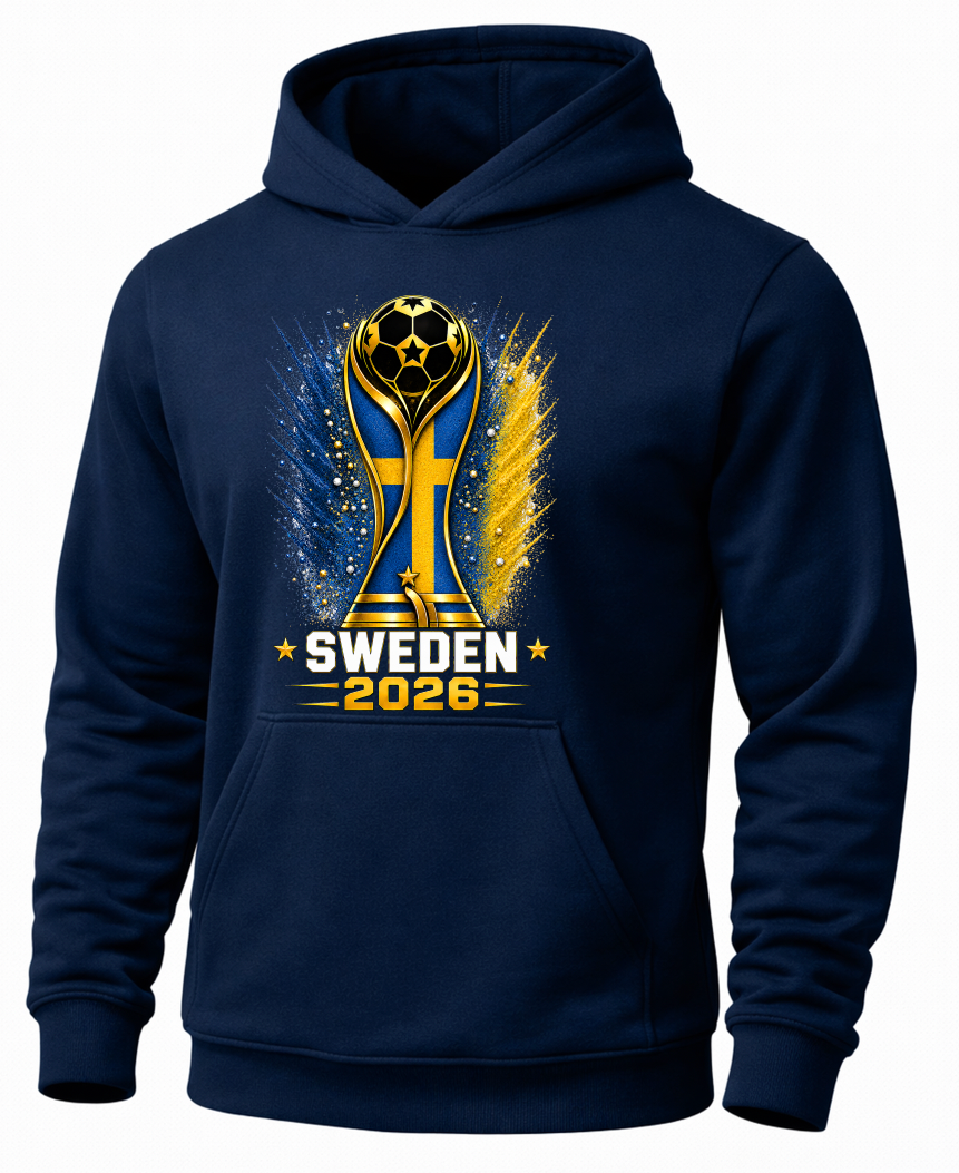 Navy blue hoodie with a gold and blue design featuring 'Sweden 2026' on a white background