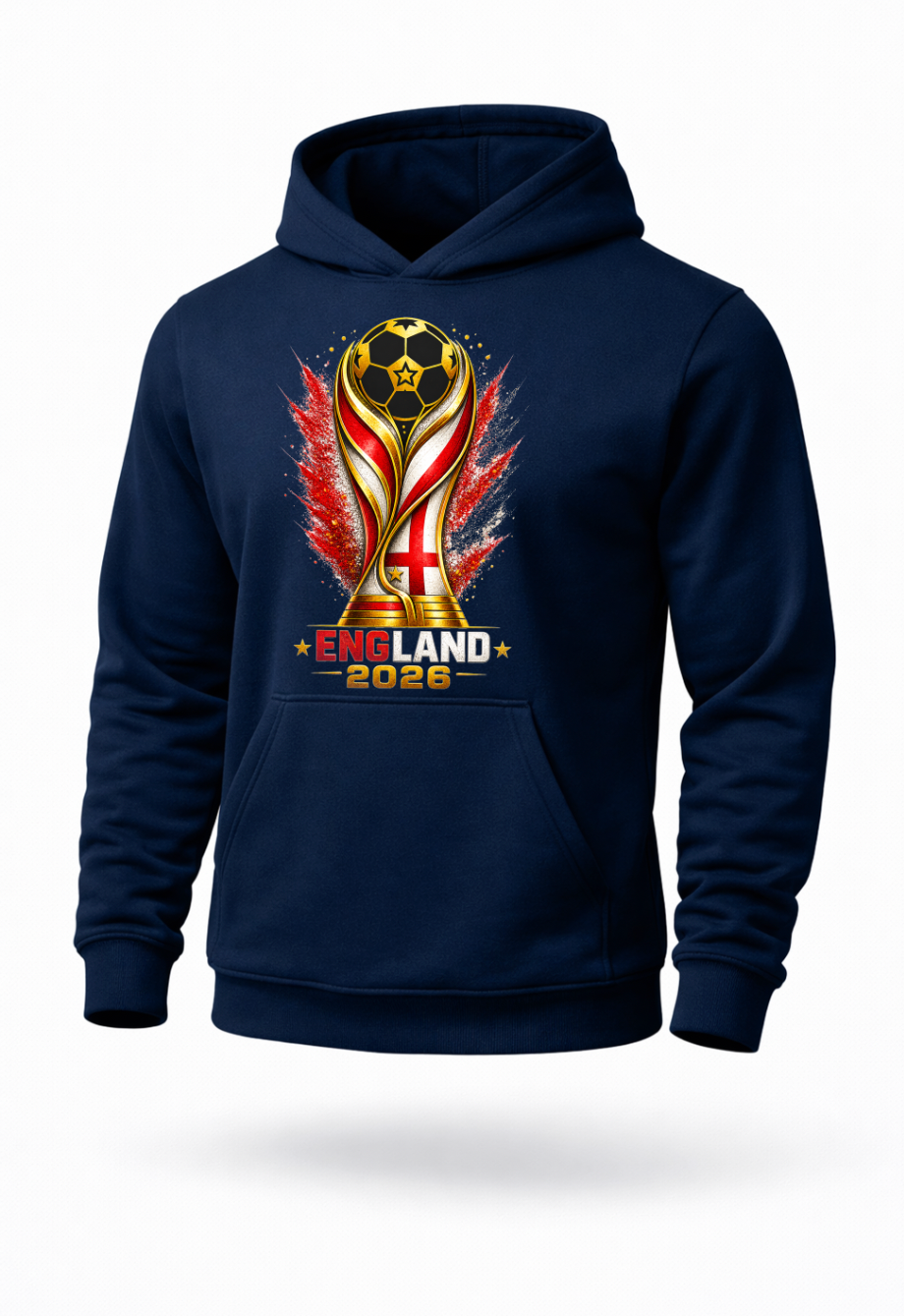 Navy England 2026 football fan hoodie with tournament-inspired soccer graphic