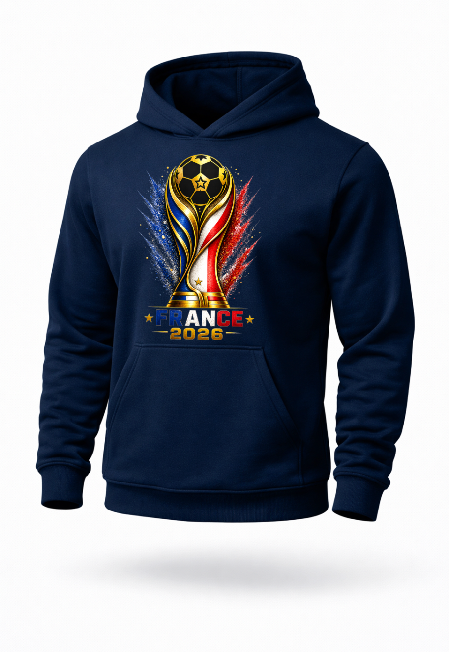 Navy France 2026 soccer fan hoodie mockup with tournament-inspired football design