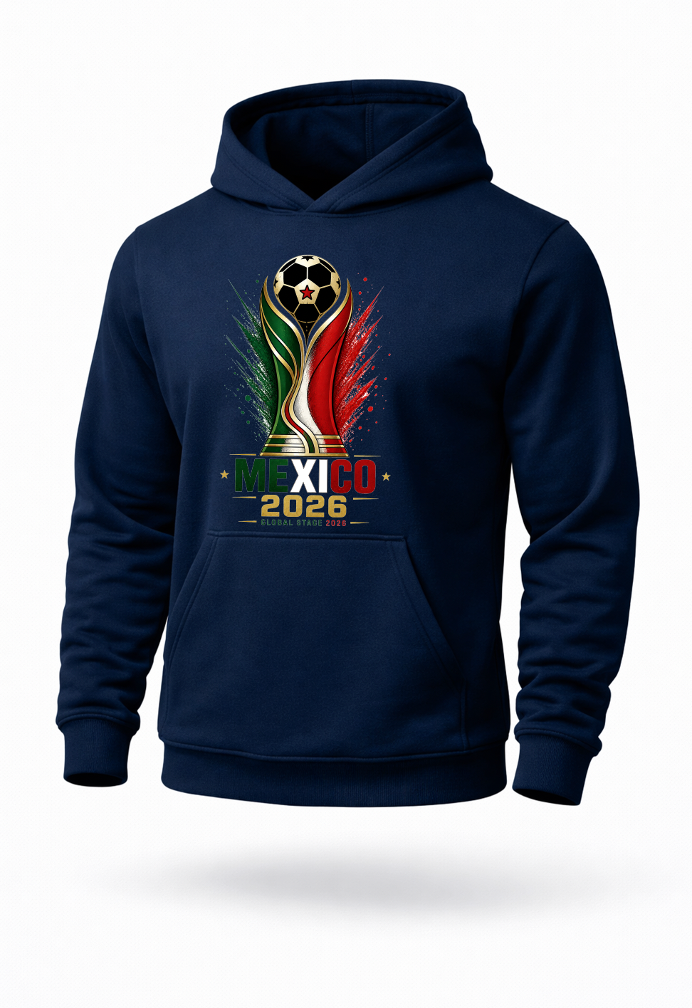 Navy Mexico 2026 soccer hoodie with patriotic green white red and gold football-inspired graphic design on premium streetwear pullover hoodie
