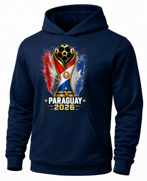 Navy blue hoodie with Paraguayan flag and 'Paraguay 2026' text design on a white background