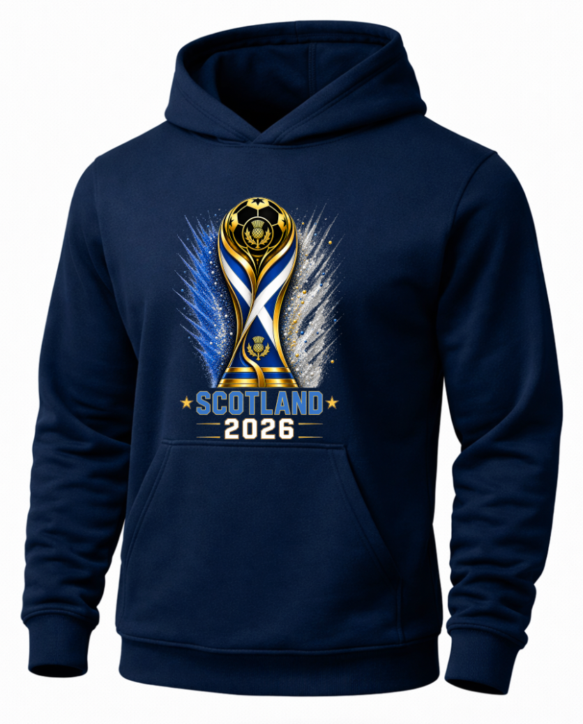 Navy blue hoodie with a trophy design and 'Scotland 2026' text on a white background