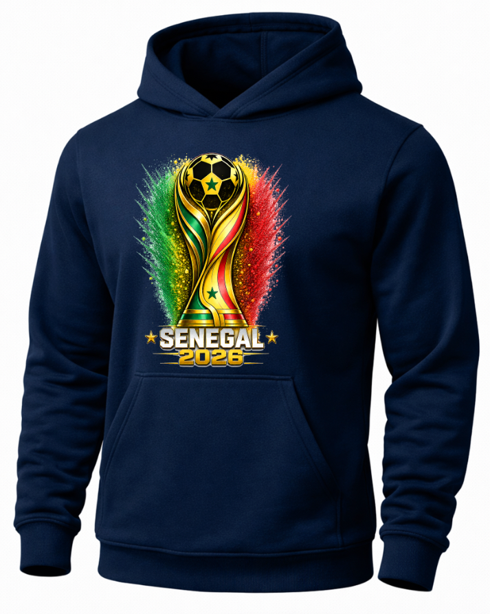 Navy blue hoodie with a colorful trophy design and 'Senegal 2026' text on a white background