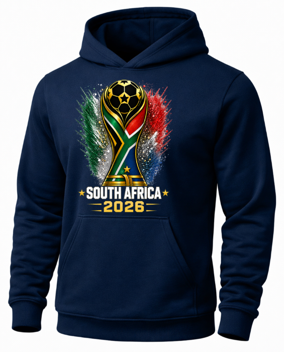 Navy blue hoodie with World Cup trophy graphic and 'South Africa 2026' text on a white background