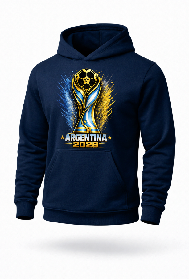Navy blue Argentina 2026 football streetwear hoodie mockup with Argentina fan graphic print