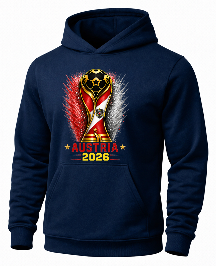 Navy blue hoodie with World Cup trophy design featuring Austria 2026 on a white background