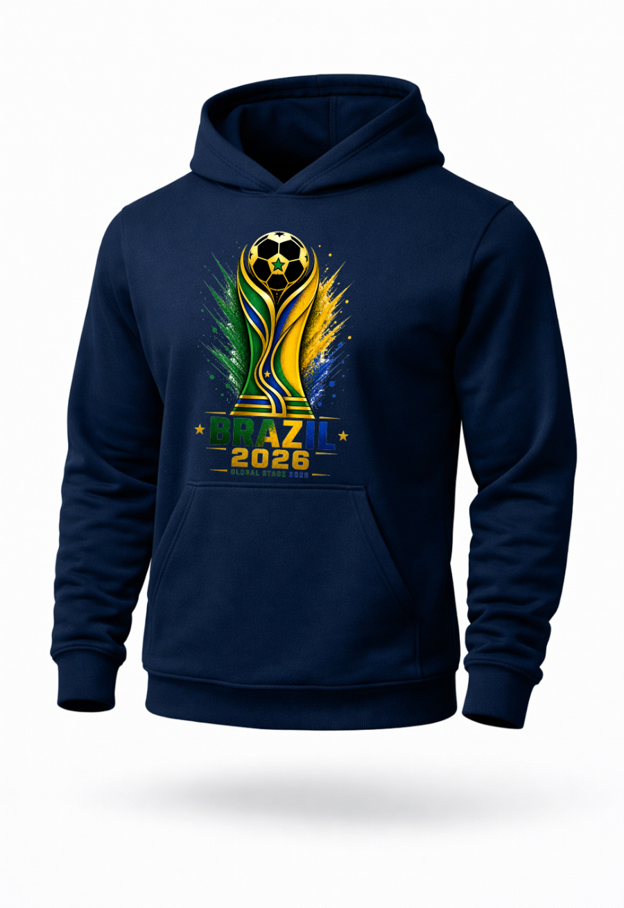 Navy blue Brazil 2026 soccer hoodie featuring green yellow blue and gold football-inspired graphic design on premium streetwear pullover hoodie