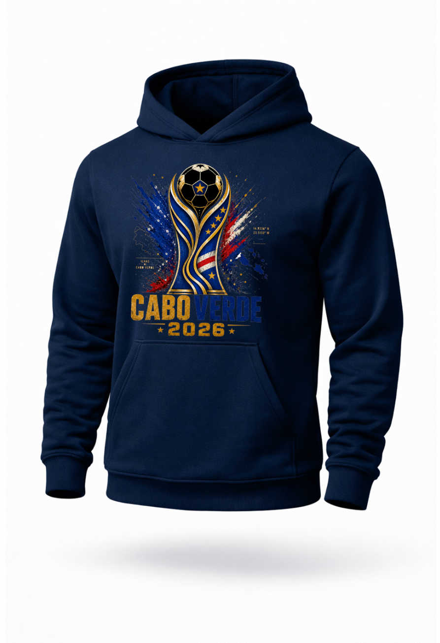 Navy blue Cape Verde football fan hoodie celebrating Cabo Verde pride and soccer culture