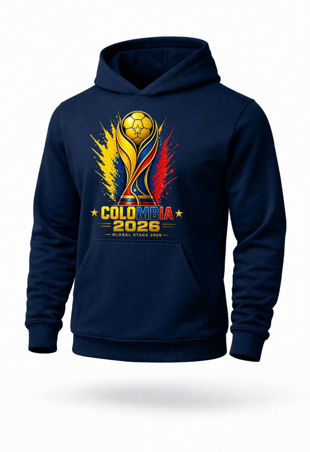 Navy blue Colombia 2026 soccer hoodie mockup with Colombia-inspired football graphic
