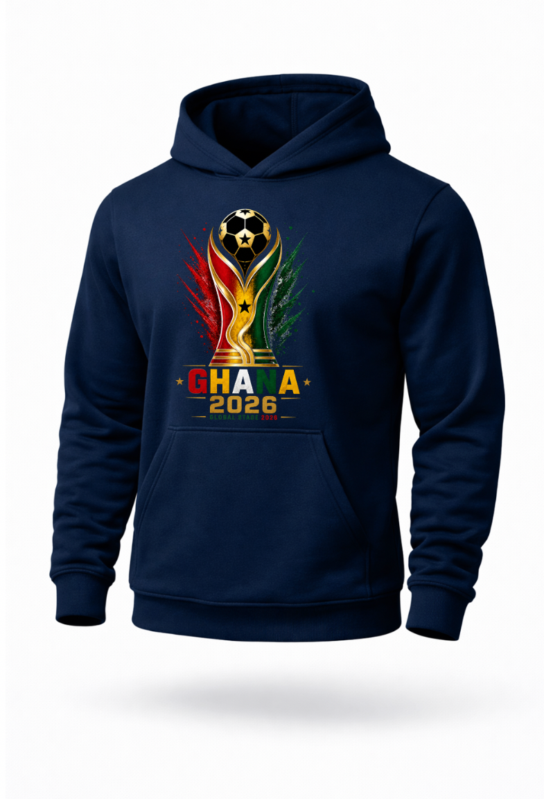 Navy blue Ghana football hoodie with colorful Ghana pride soccer trophy design