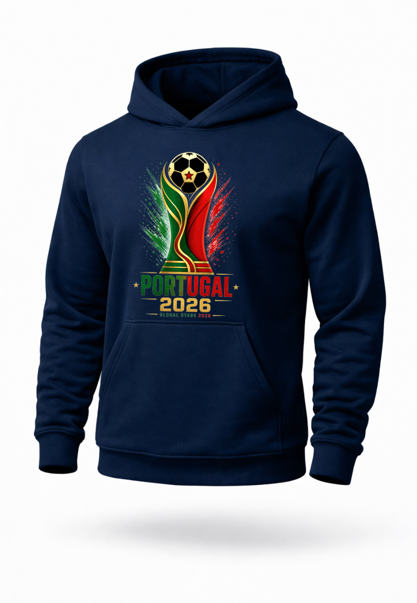 Navy blue Portugal 2026 soccer hoodie mockup with Portugal-inspired football trophy design