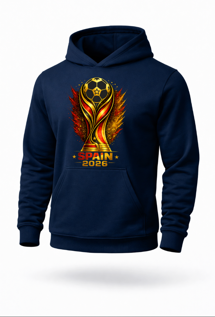 Navy blue Spain 2026 soccer fan hoodie mockup with Spain-inspired football artwork