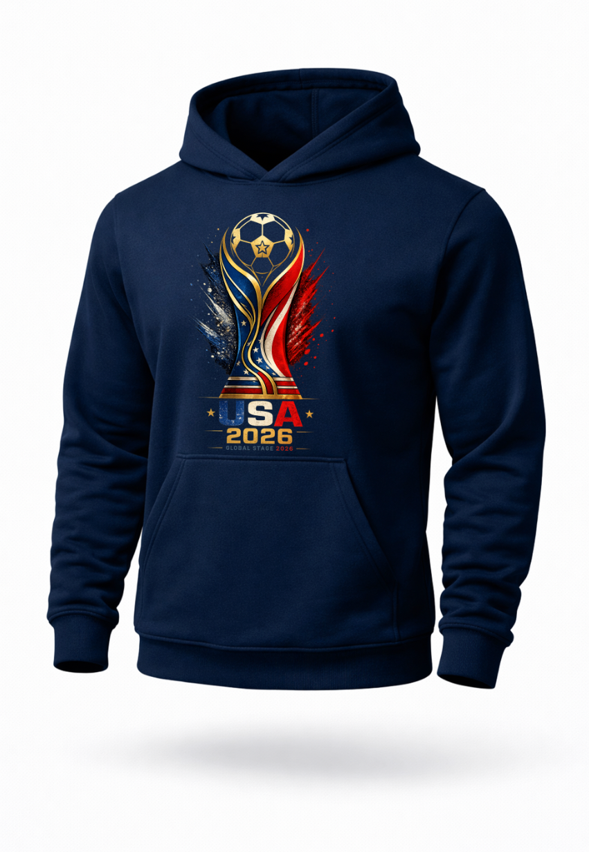 Navy blue USA 2026 soccer hoodie with patriotic red white and blue football-inspired graphic design on premium streetwear pullover hoodie