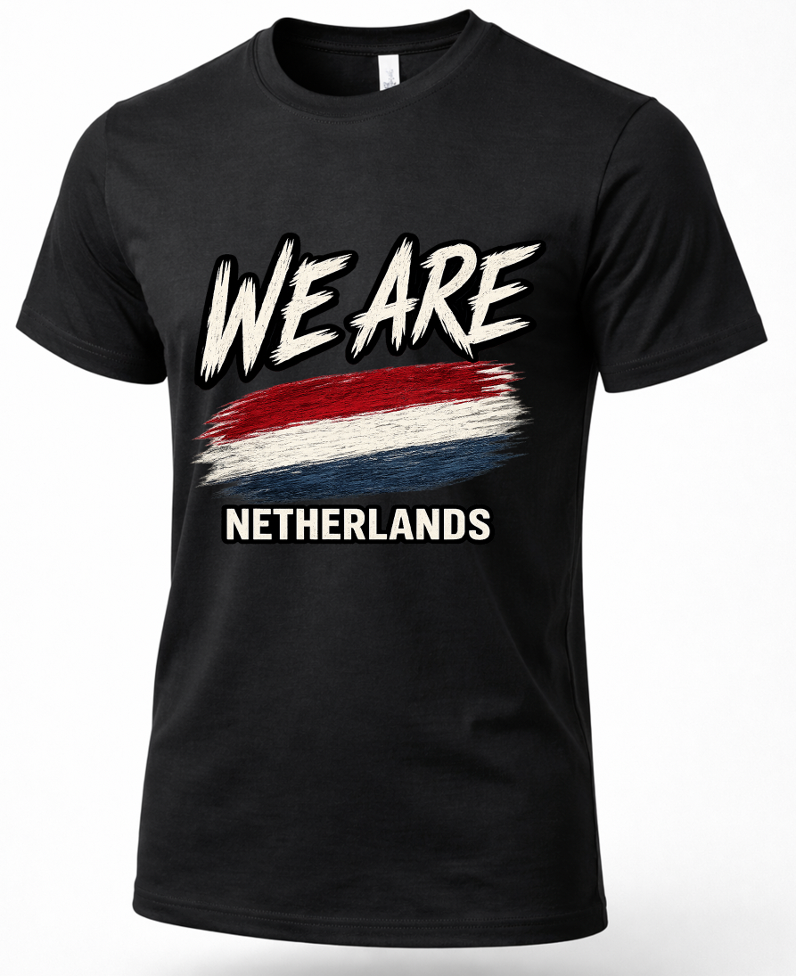 A black short-sleeve crewneck t-shirt featuring a distressed graphic print of the words 'WE ARE' in white brush lettering above a red, white, and blue horizontal flag design, with 'NETHERLANDS' printed below in white.