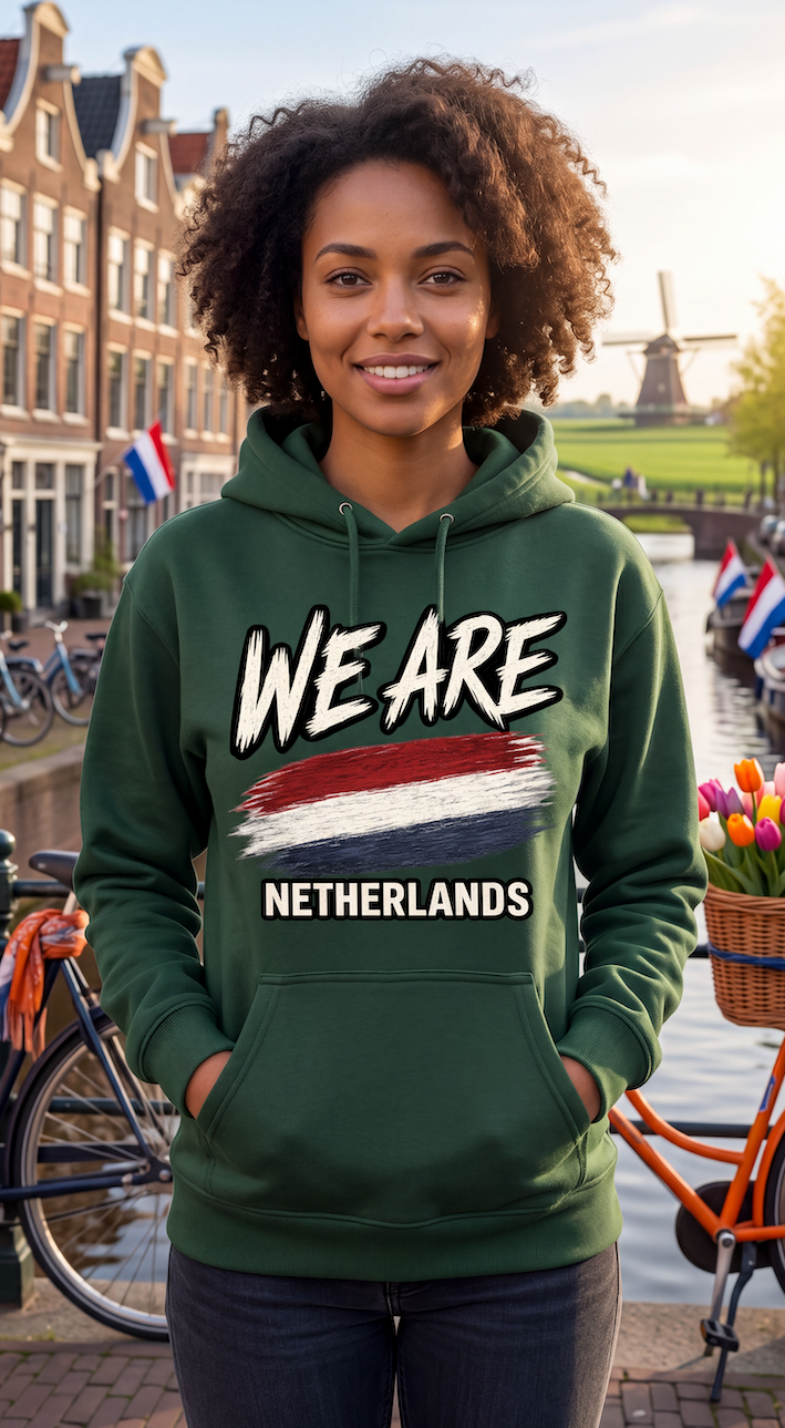 A smiling woman stands in an outdoor canal-side setting wearing a dark green hoodie with a large front graphic that reads “WE ARE NETHERLANDS” above a red, white, and blue striped brushstroke. Bicycles, canal water, Dutch houses, and a windmill are visible in the background.