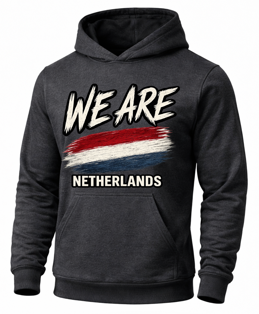 A dark charcoal gray hoodie featuring a distressed graphic print on the front with the text 'WE ARE' above a red, white, and blue horizontal flag design, and 'NETHERLANDS' below.