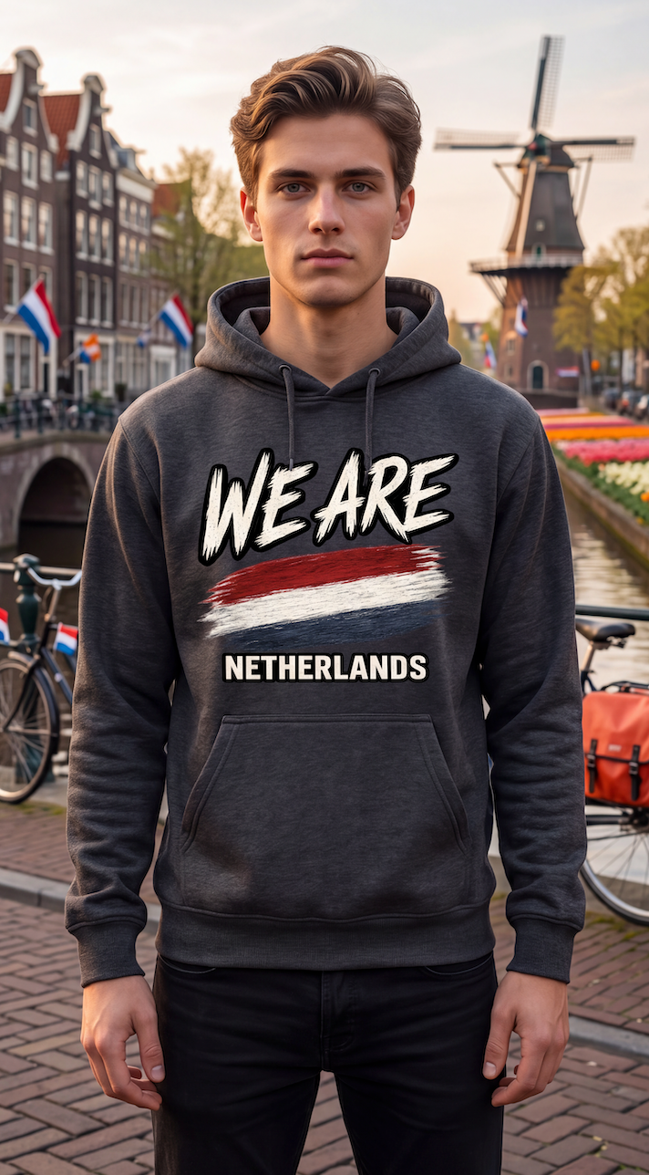 A man wearing a dark gray hoodie with a 'WE ARE NETHERLANDS' graphic featuring the Dutch flag, standing in an Amsterdam canal scene with windmills and bicycles in the background.