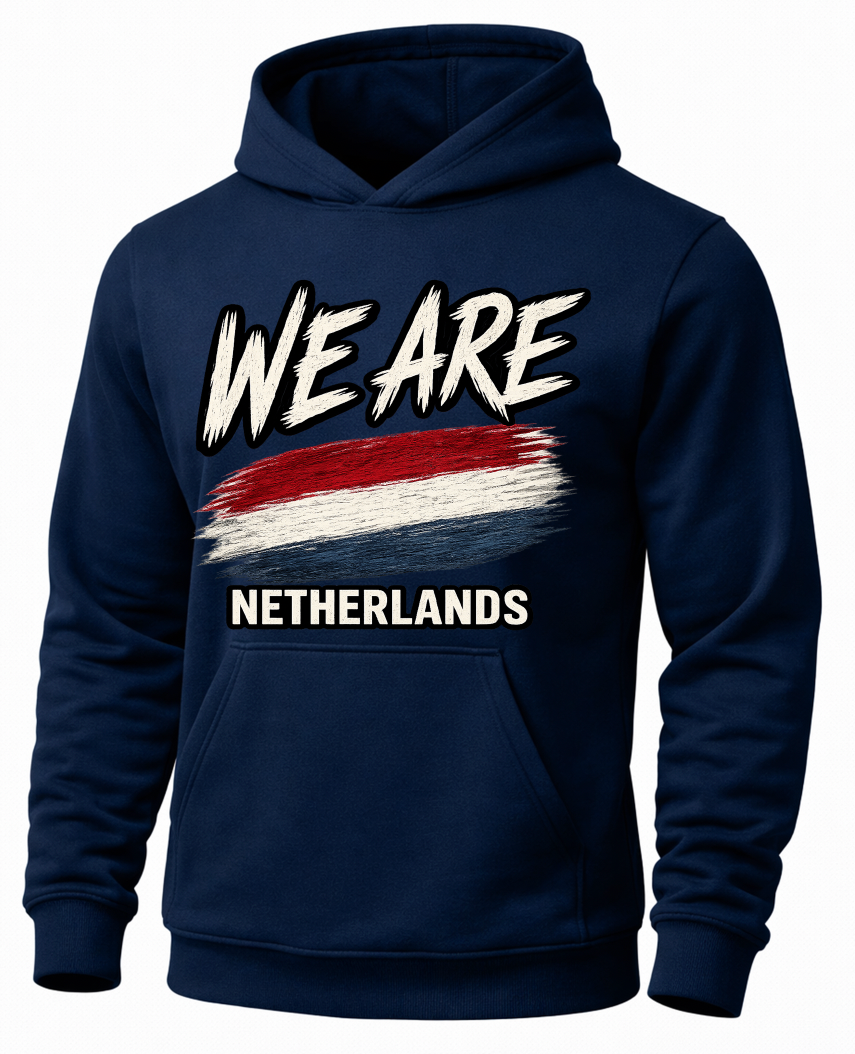 A navy blue pullover hoodie featuring a graphic print on the front with the text 'WE ARE' in white brush lettering above a red, white, and blue horizontal flag design, and 'NETHERLANDS' in white below.