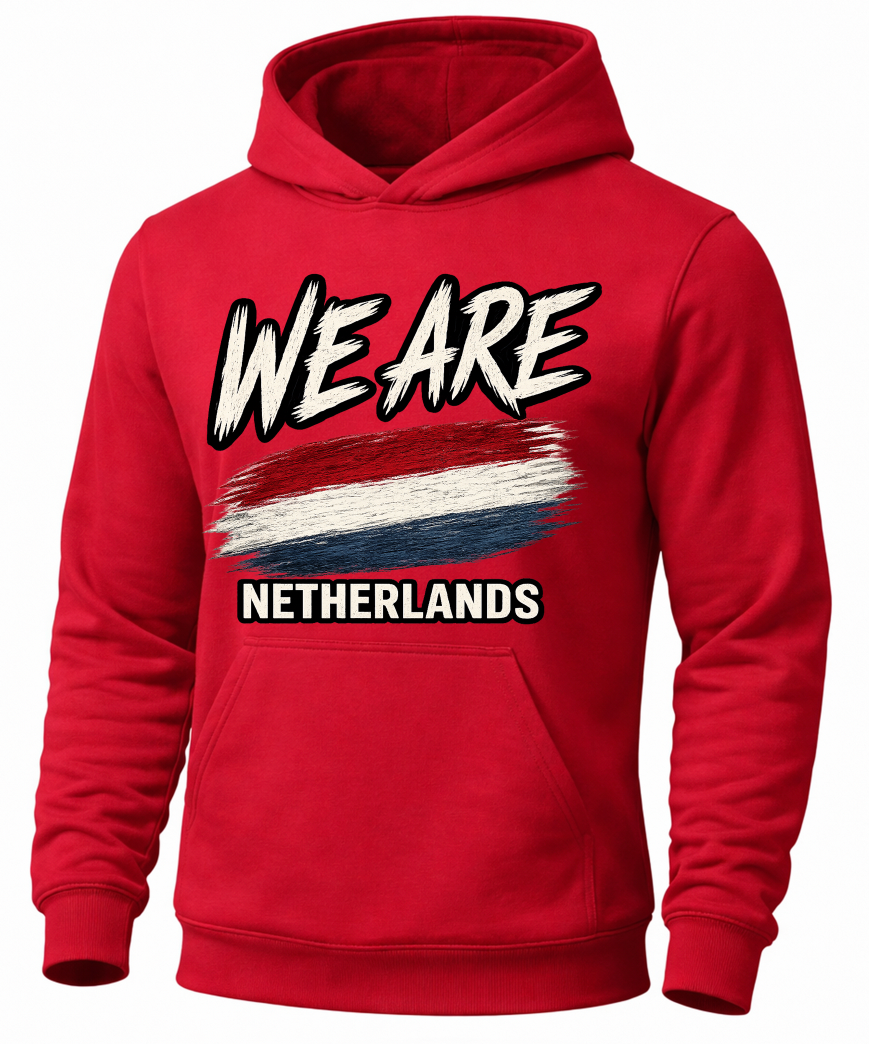 A red pullover hoodie with a front graphic that reads 'WE ARE' above a red, white, and blue brushstroke flag design and 'NETHERLANDS' below, shown on a plain white background.