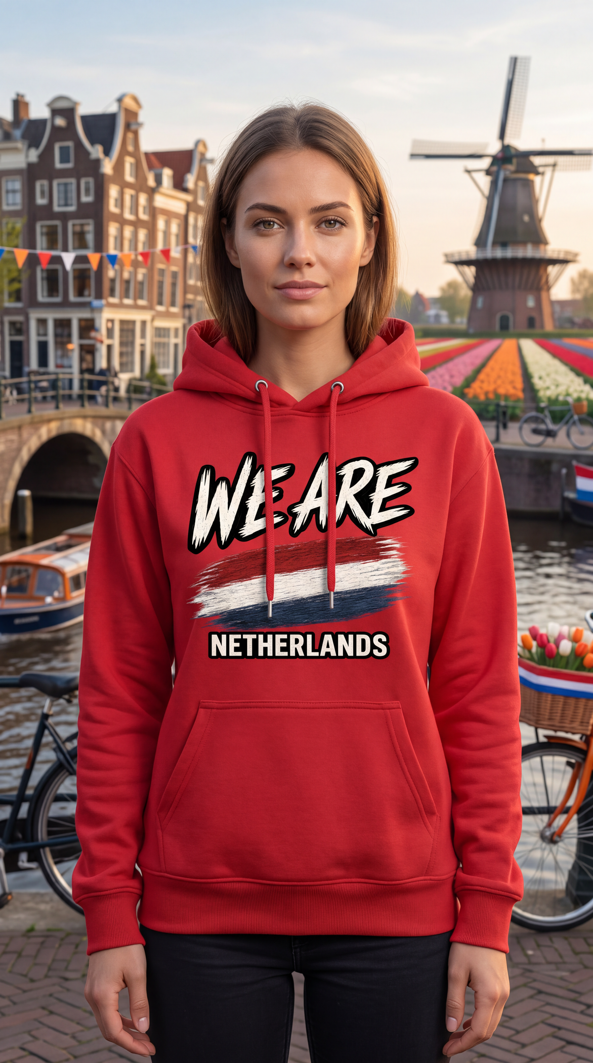 A woman wearing a red hoodie with a 'WE ARE NETHERLANDS' graphic in front of a canal scene with Amsterdam-style buildings and a windmill.