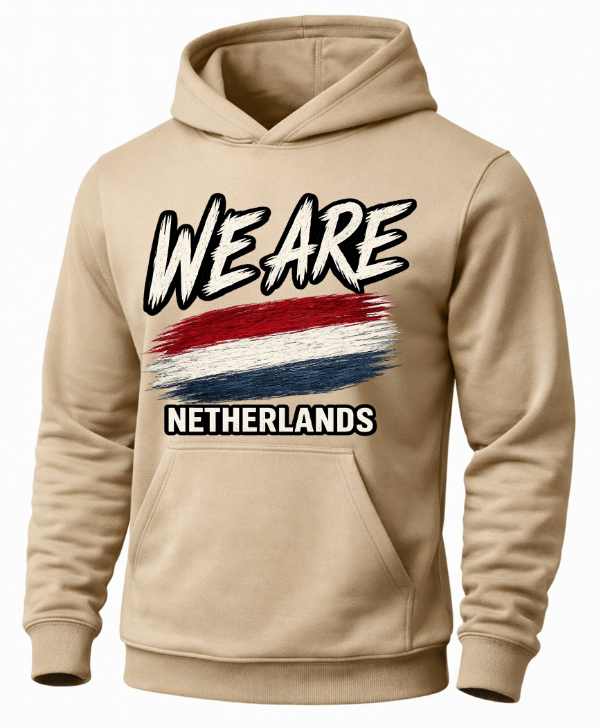 A beige pullover hoodie with a graphic on the chest that reads 'WE ARE' above a red, white, and blue distressed flag design, with 'NETHERLANDS' below in white text with a black outline.