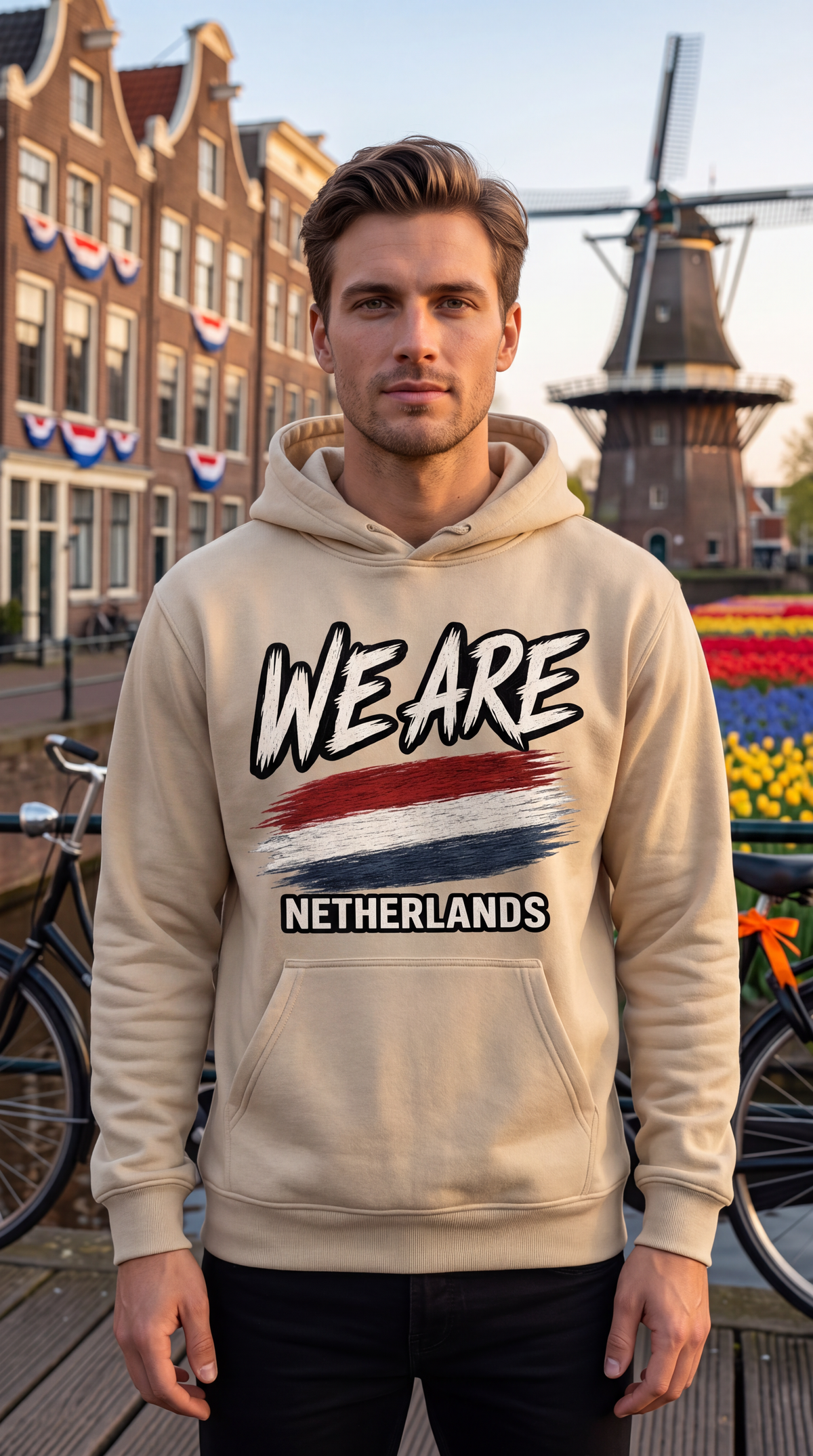 A man wearing a beige hoodie with 'WE ARE NETHERLANDS' and a red, white, and blue flag graphic, standing in front of a Dutch canal scene with a windmill.