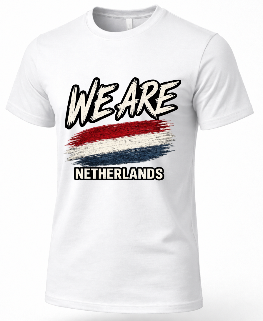 A white short-sleeve crewneck t-shirt featuring a graphic print on the front with the text 'WE ARE' in a black-and-white brush font, a red, white, and blue distressed flag design, and 'NETHERLANDS' in black block letters below.