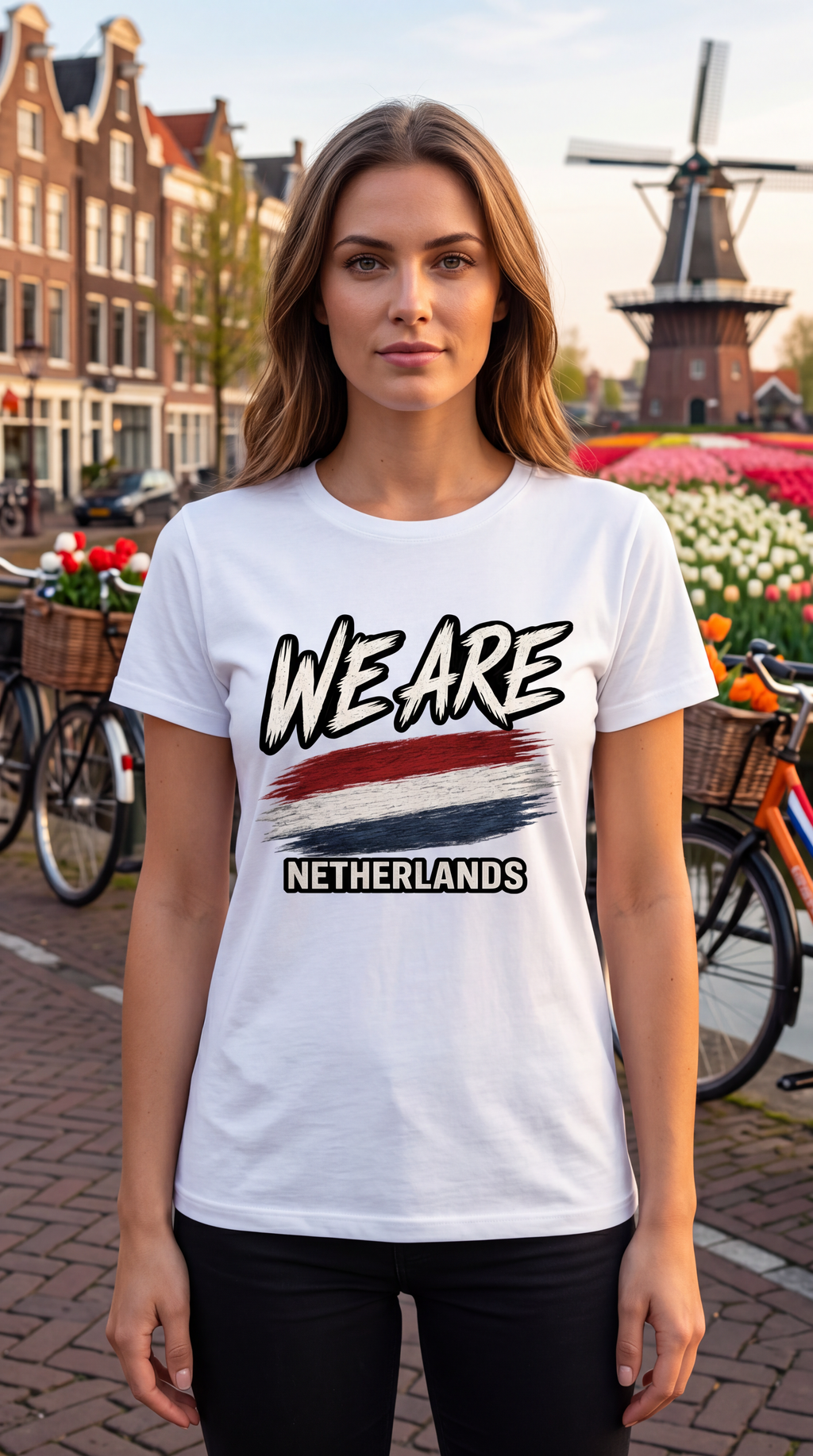 A woman wearing a white graphic t-shirt with 'WE ARE NETHERLANDS' and a red, white, and blue flag design, standing in front of a Dutch canal scene with a windmill.