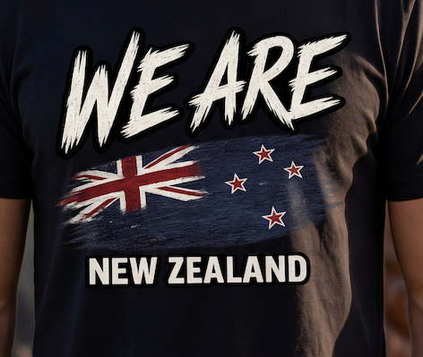 A close-up of a person wearing a dark navy or black graphic T-shirt. The shirt features the words 'WE ARE' in large white brush-style letters above a stylized New Zealand flag design, with 'NEW ZEALAND' printed below in white.