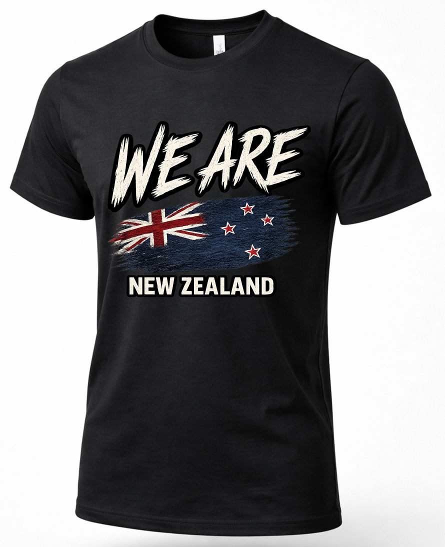 A black short-sleeve crewneck t-shirt featuring a graphic print of the New Zealand flag with the text 'WE ARE' above and 'NEW ZEALAND' below in white.