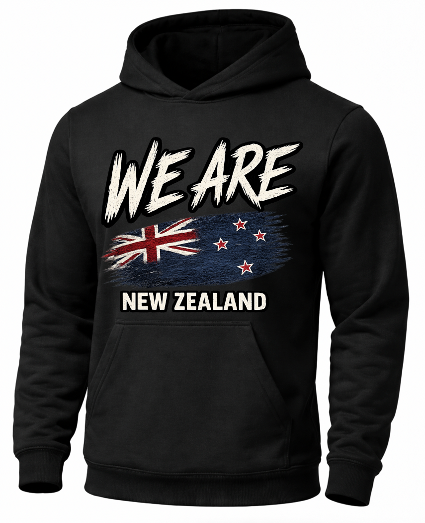 A black pullover hoodie with a front graphic that reads 'WE ARE NEW ZEALAND' above a stylized New Zealand flag, shown on a plain white background.