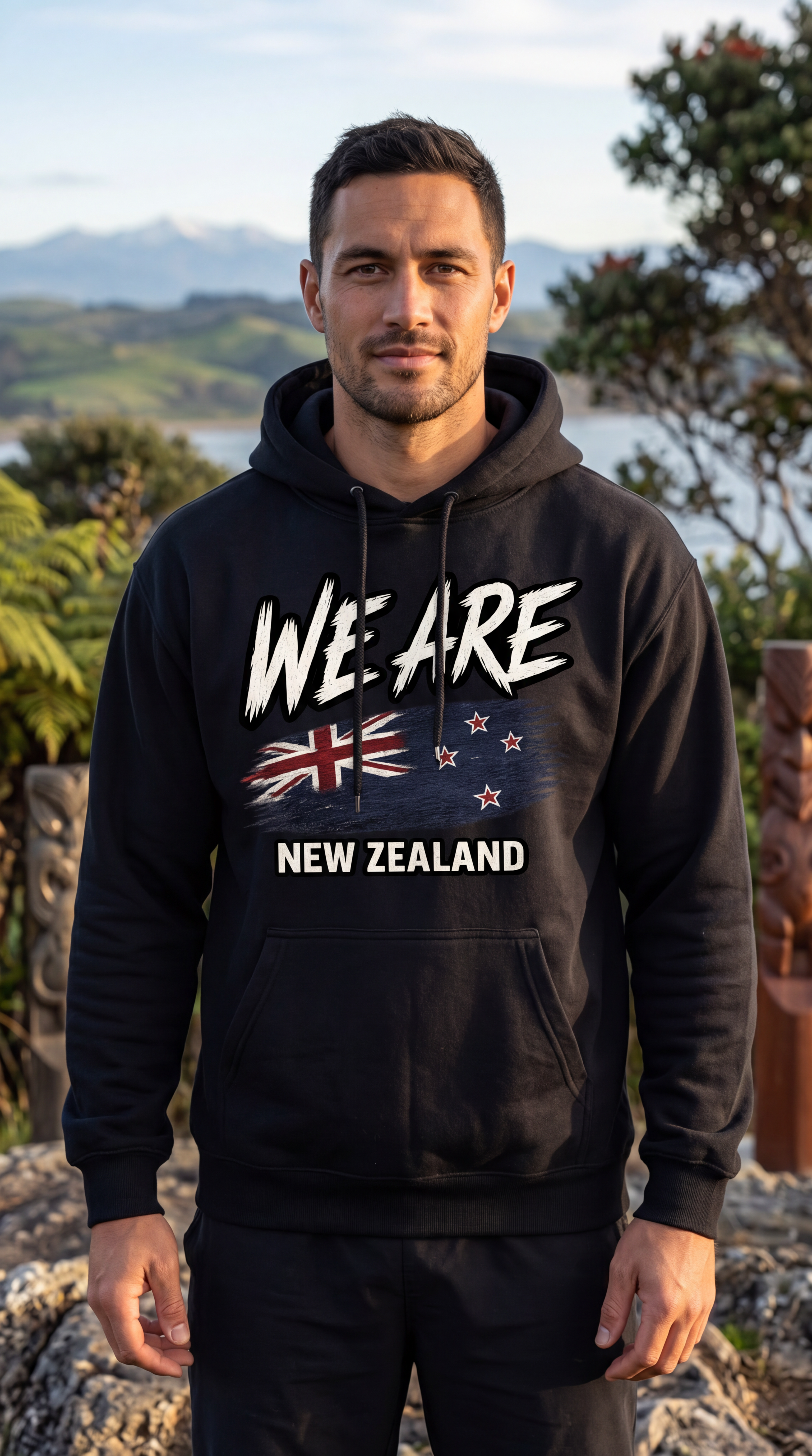 A man wearing a black pullover hoodie with a graphic that reads 'WE ARE NEW ZEALAND' and includes the New Zealand flag, standing outdoors with a scenic lake and mountains in the background.