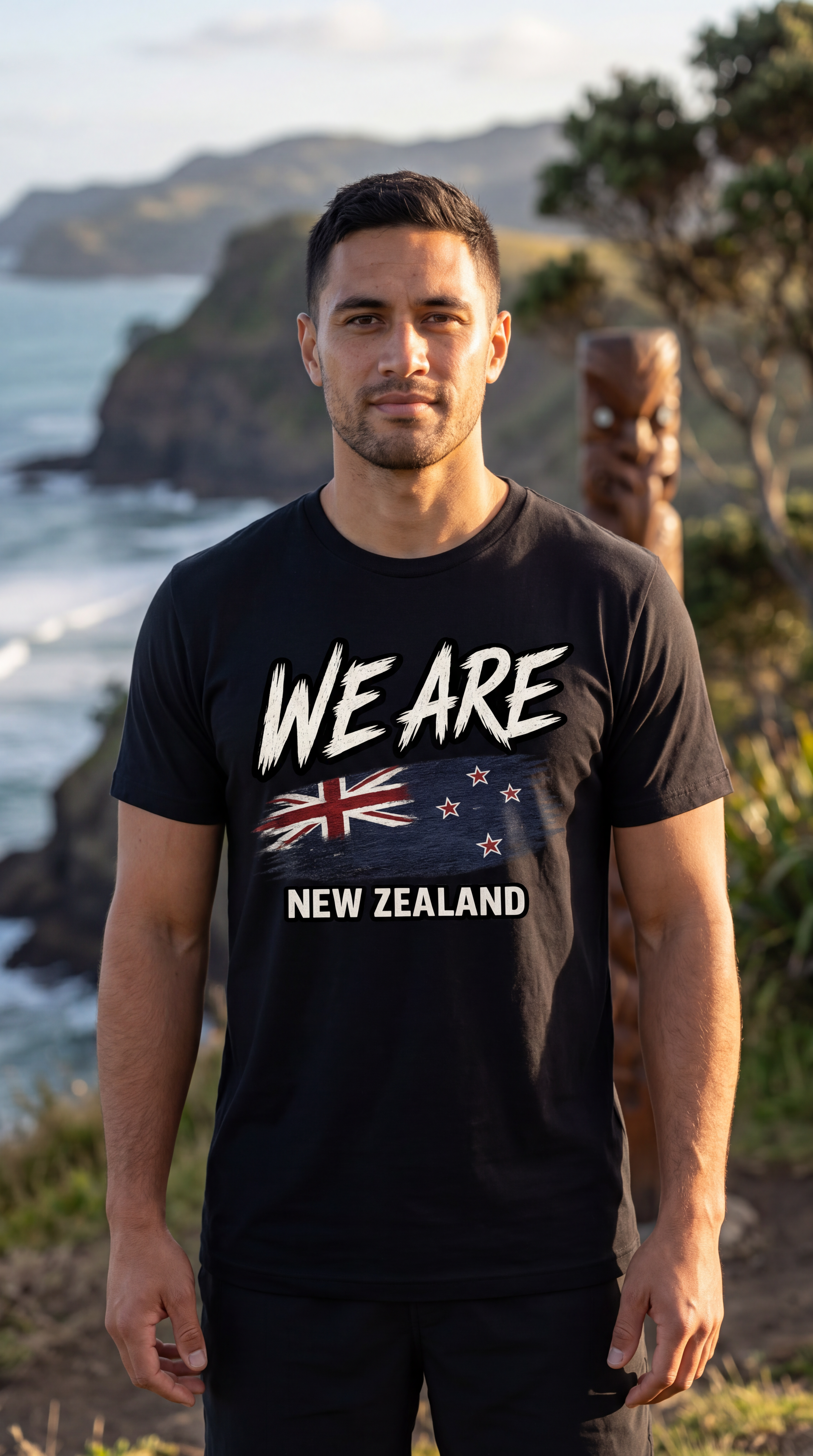 A man wearing a black graphic t-shirt with 'WE ARE NEW ZEALAND' and the New Zealand flag printed on the front, standing outdoors on a cliffside overlooking the ocean with a tiki statue in the background.