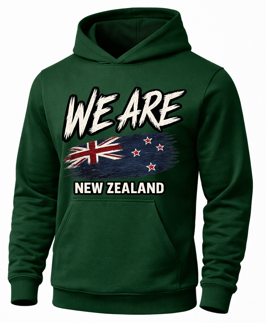 A navy blue pullover hoodie with a graphic print on the front. The design features the text 'WE ARE' in a distressed white font above a stylized brushstroke depiction of the Uzbekistan flag, and 'UZBEKISTAN' printed below in white.