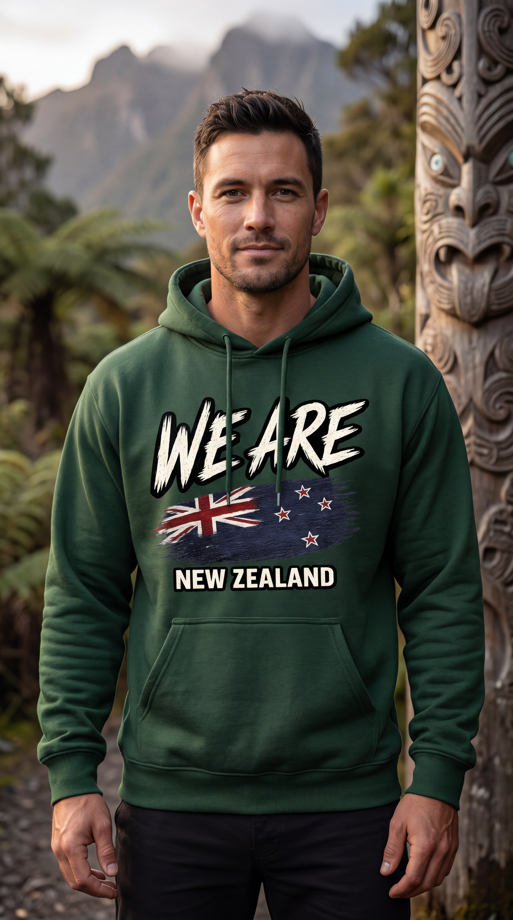 A man wearing a dark green hoodie with 'WE ARE NEW ZEALAND' and a New Zealand flag graphic printed on the front, standing outdoors in front of mountains and a carved wooden tohu.