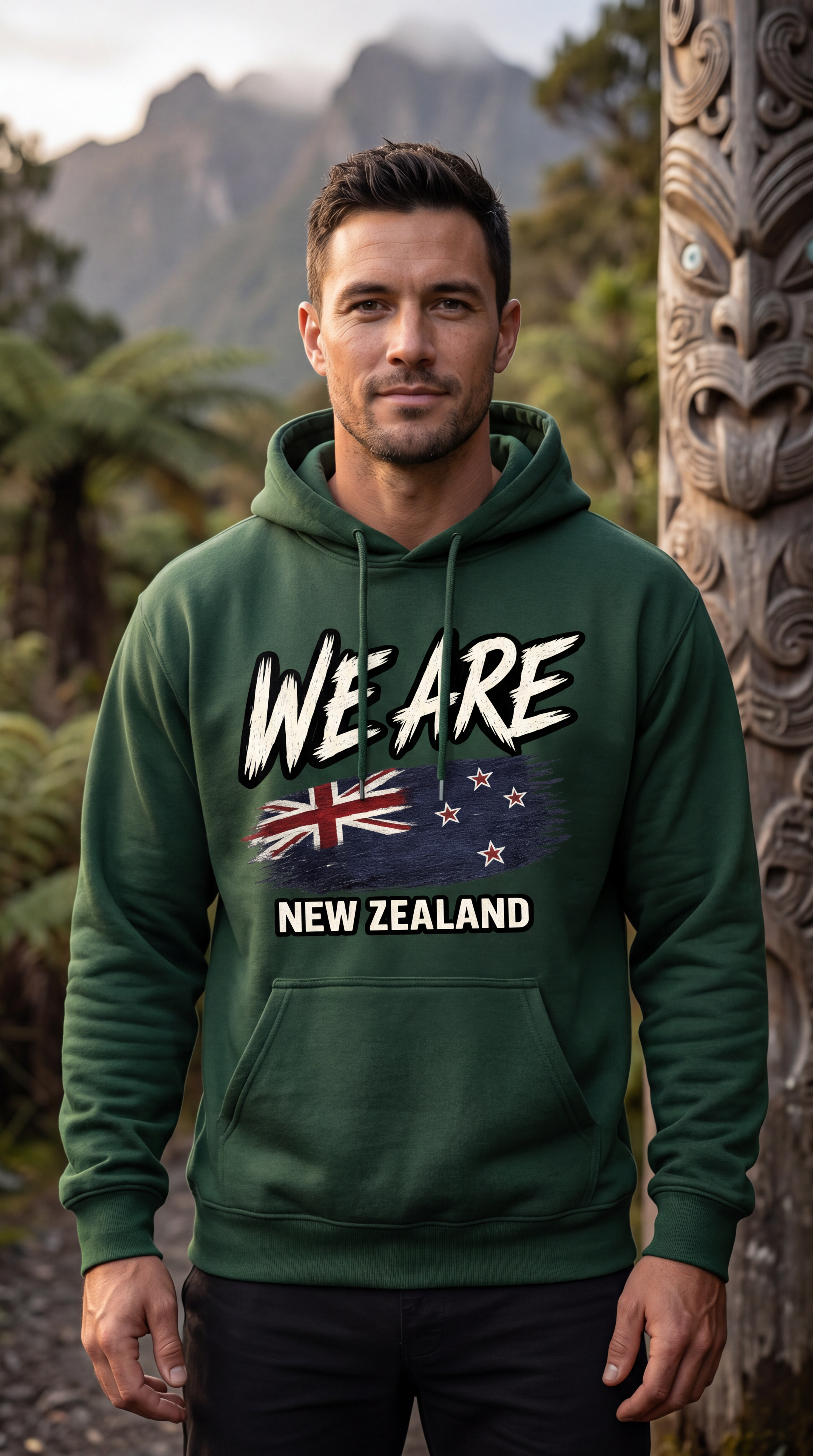 A man wearing a dark green hoodie with 'WE ARE NEW ZEALAND' and a New Zealand flag graphic printed on the front, standing outdoors in front of mountains and a carved wooden tohu.