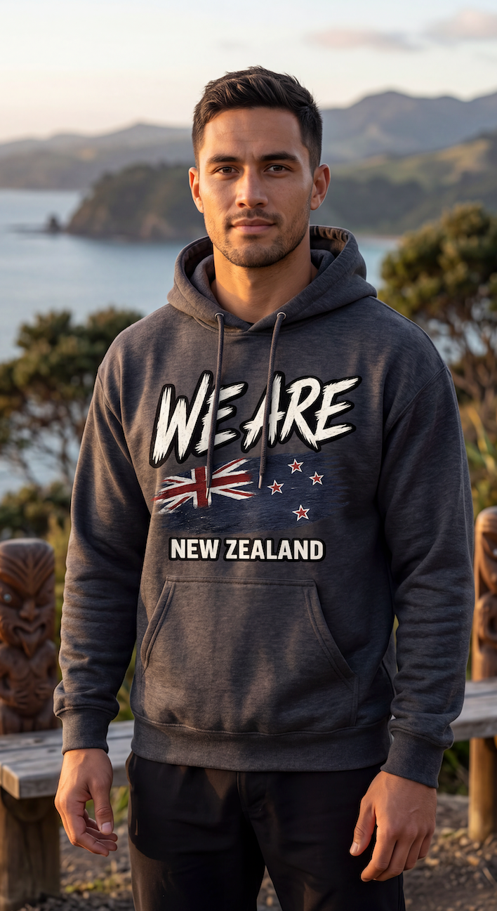 A man wearing a dark gray hoodie with 'WE ARE NEW ZEALAND' and a New Zealand flag graphic printed on the chest, standing outdoors in front of a scenic mountain and sea background.