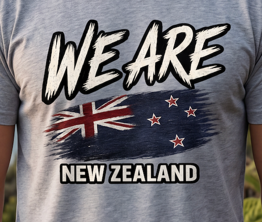 A close-up of a person wearing a heather gray t-shirt with a graphic print that reads 'WE ARE NEW ZEALAND' above and below a stylized New Zealand flag.
