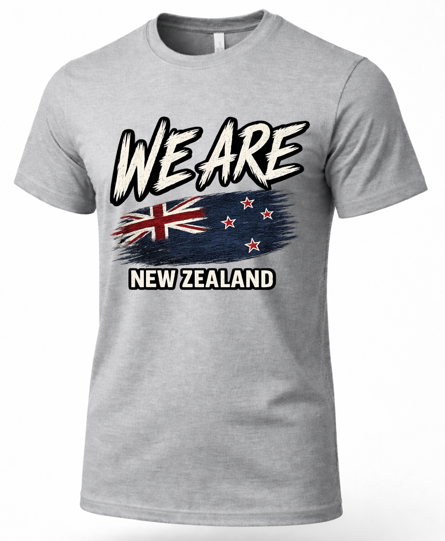 A heather gray short-sleeve t-shirt with a graphic on the front that reads 'WE ARE NEW ZEALAND' above and below a stylized New Zealand flag design.
