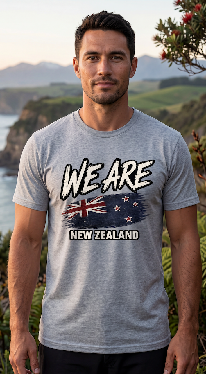A man wearing a heather gray graphic t-shirt with 'WE ARE NEW ZEALAND' and a New Zealand flag design, set against a scenic coastal background.