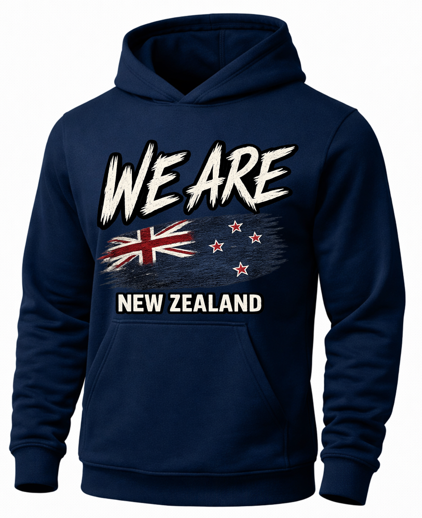 A navy blue pullover hoodie featuring a front graphic that reads 'WE ARE NEW ZEALAND' above the New Zealand flag, shown on a plain white background.