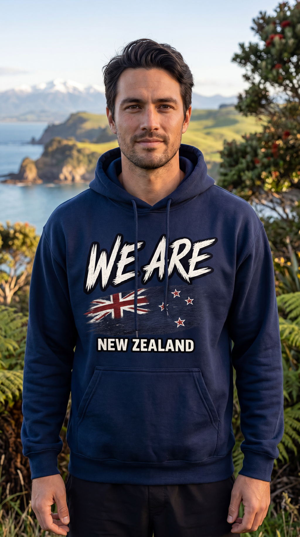 A man wearing a navy blue hoodie with 'WE ARE NEW ZEALAND' and the New Zealand flag graphic printed on the chest, standing outdoors in front of a scenic coastal landscape.