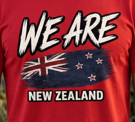 A close-up of a red t-shirt featuring a graphic print with the text 'WE ARE' above a stylized New Zealand flag and 'NEW ZEALAND' below.