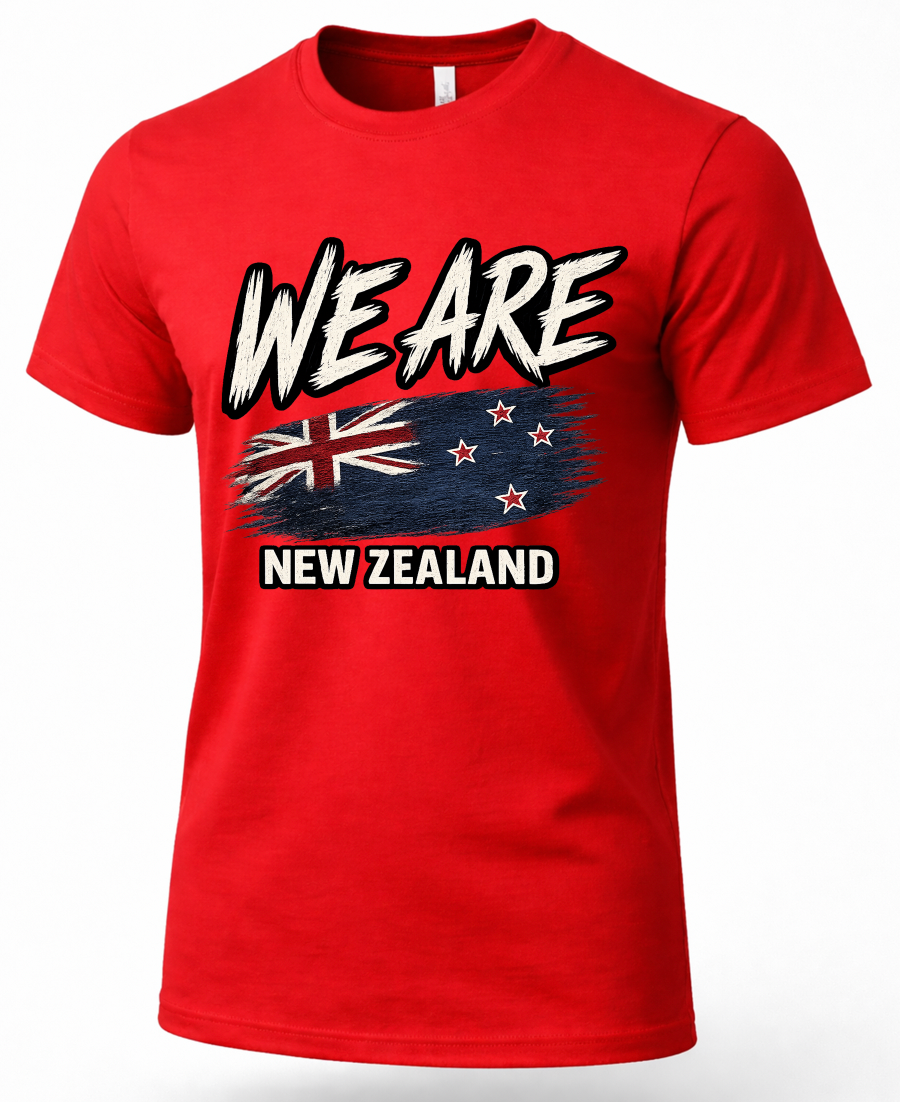 A red short-sleeve crewneck t-shirt featuring a graphic print of the New Zealand flag and the text 'WE ARE NEW ZEALAND' in white and black.
