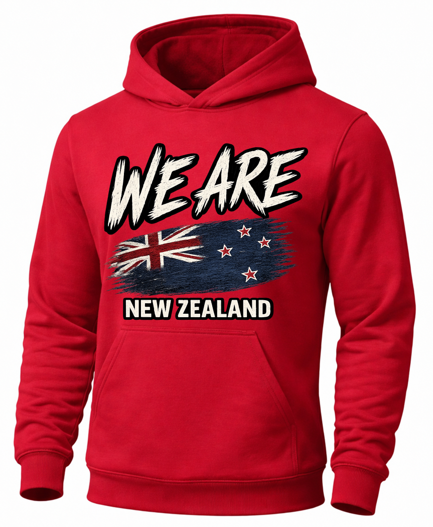 A red pullover hoodie featuring a graphic print on the front with the text 'WE ARE' in white outlined lettering above a New Zealand flag design and 'NEW ZEALAND' in white outlined text below.