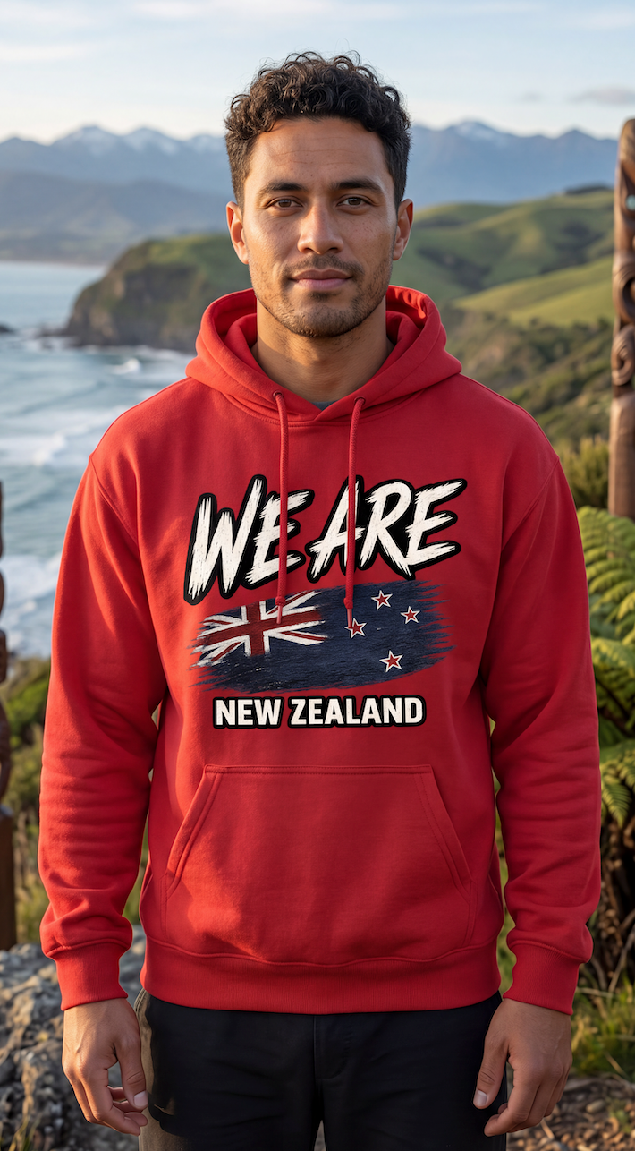 A man wearing a red hoodie with a graphic print that reads 'WE ARE NEW ZEALAND' and features the New Zealand flag, standing outdoors with a scenic coastal landscape in the background.